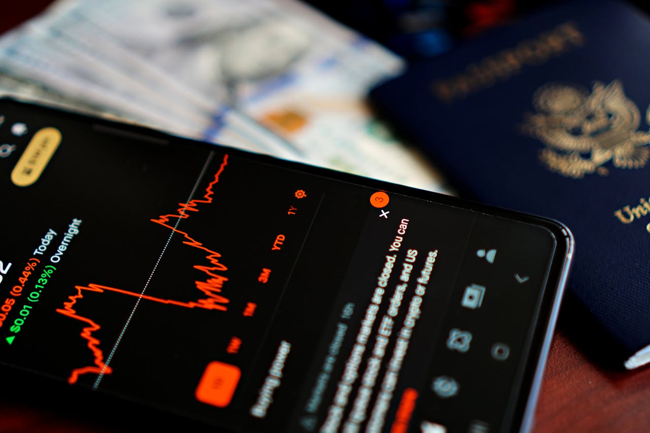 Close-up of a smartphone displaying a stock market app alongside a US passport and currency.